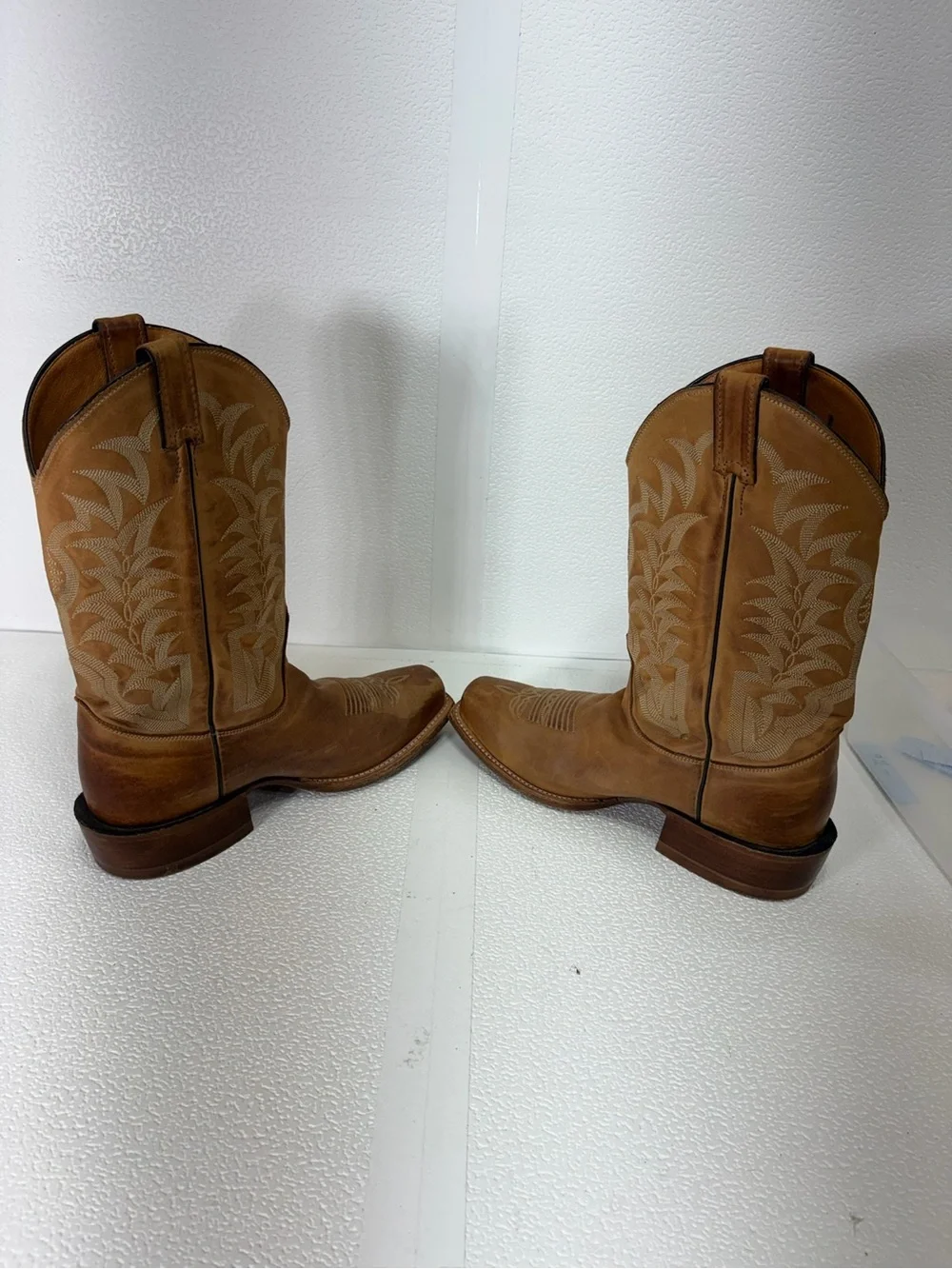 Justin Boots Tan Leather Western Pull-On Cowboy Boots w Embroidered Shaft s257
